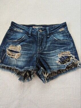 Guess Blue Distressed Denim Shorts with Leopard Accents